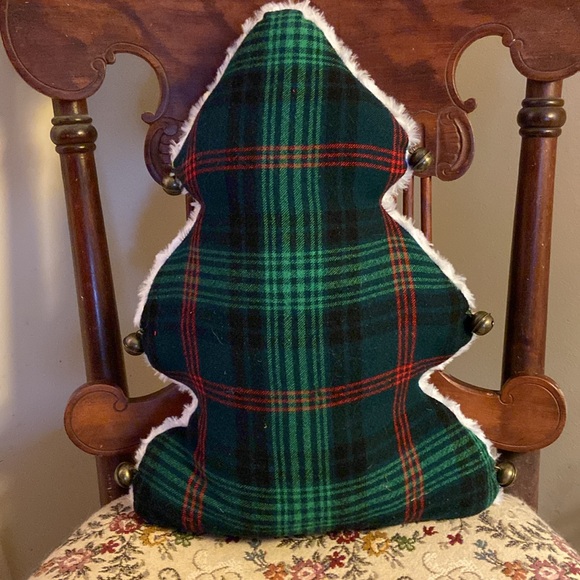 Plaid Christmas Tree Bells Plush Faux Fur Vintage Fabric Green Red Farmhouse 🎄 - Picture 7 of 8